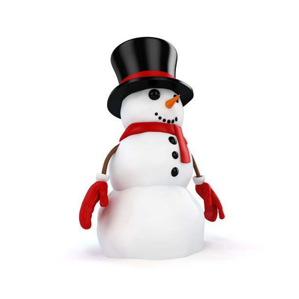 3d快乐雪人与黑帽子在白色的背景图片下载