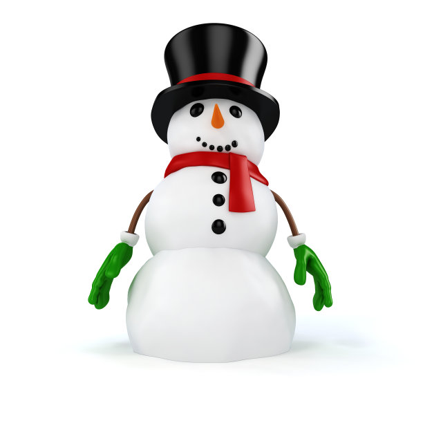 3d快乐雪人与黑帽子在白色的背景图片下载