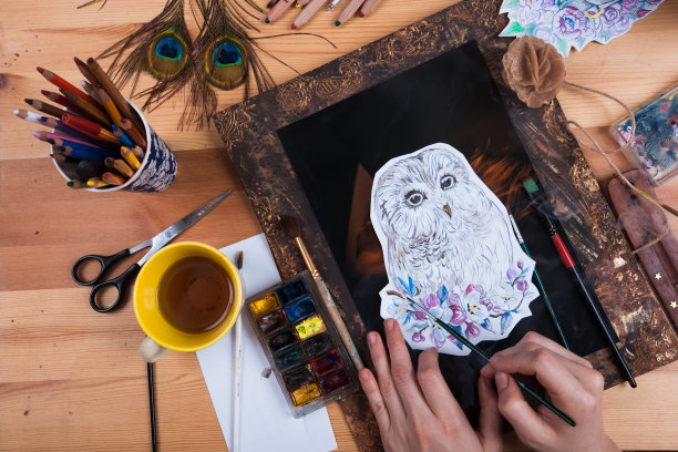 在创意环境中手绘一只猫头鹰。图片下载