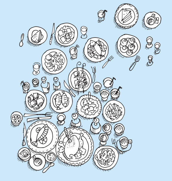 盘组合从上面看。破旧的食物图片。素描的手图片下载