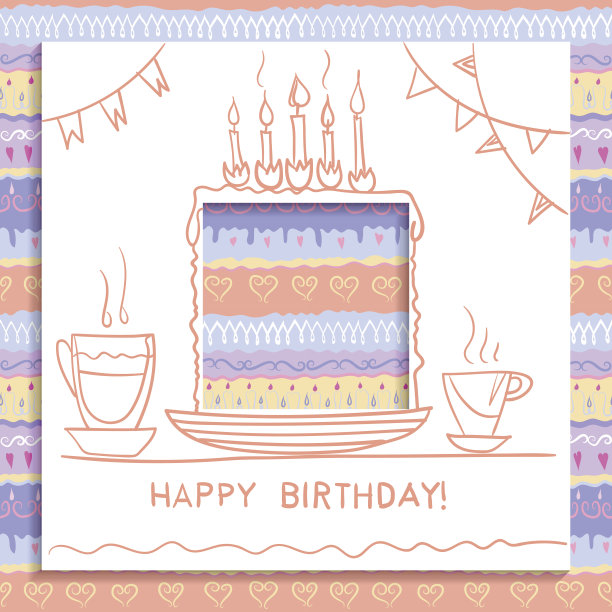生日贺卡的概念。方形纸，剪出洞，手写画有蜡烛的节日蛋糕。背景上柔和的色彩无缝装饰图案。图片下载