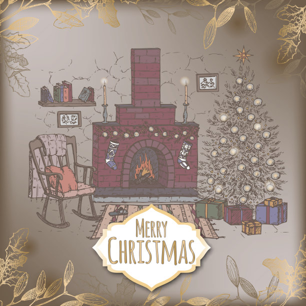 复古浪漫的圣诞卡与色彩客厅和壁炉图片下载