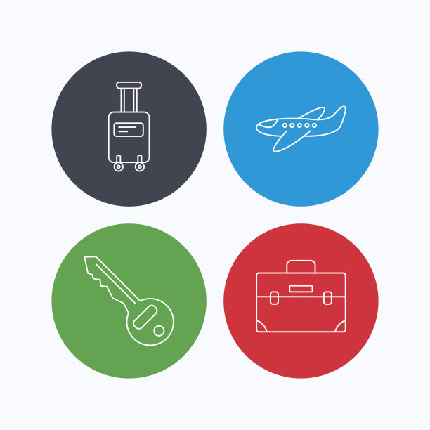 带轮子的手提箱，钥匙和飞机图标。图片下载