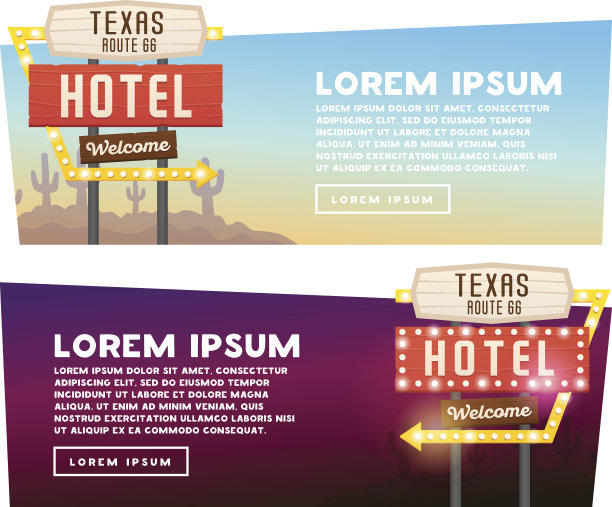网页设计的两个横幅。复古的广告牌的主题。老式广告牌，灯光横幅图片下载
