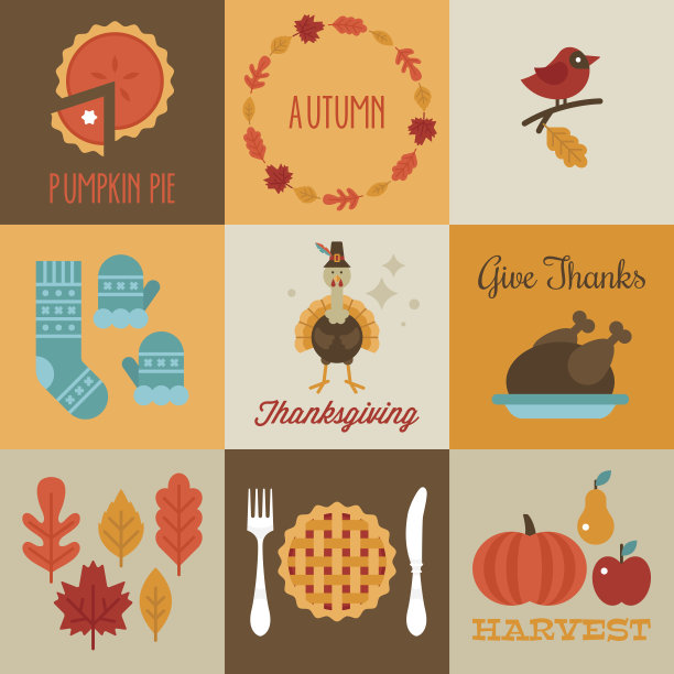 感恩节和秋季贺卡设计与扁平时尚图片下载