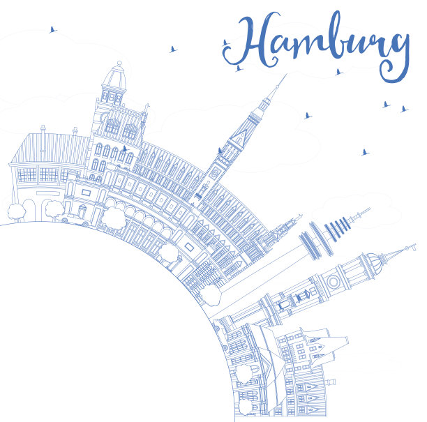 用蓝色建筑和复制空间勾勒汉堡天际线。图片下载