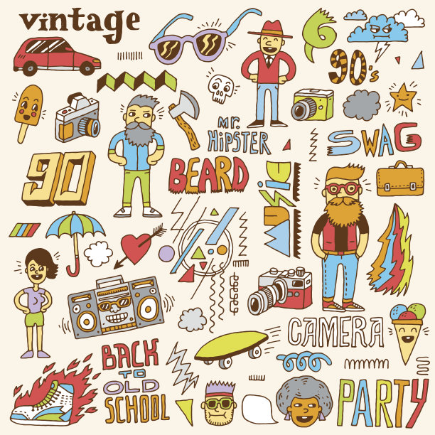 时髦复古彩色套装手绘矢量插画图片下载