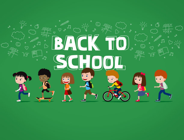 返校插画:一群背双肩包的卡通儿童图片下载