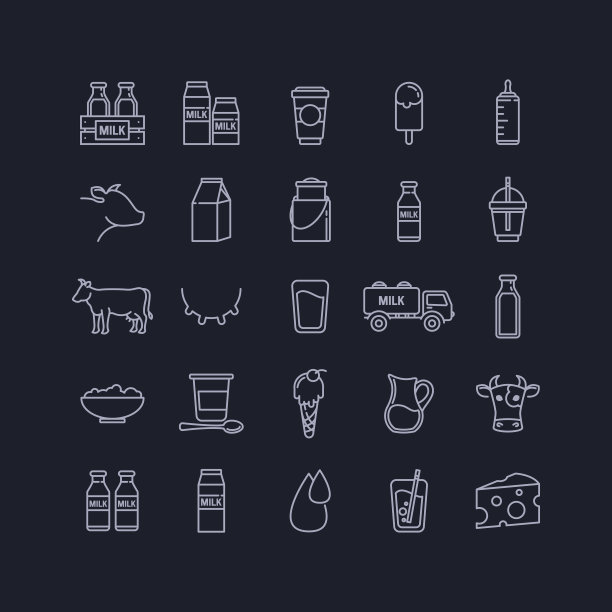 牛奶、乳制品和奶牛细线图标集矢量图图片下载