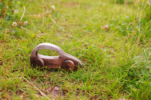 草地上的木制玩具车素材图片