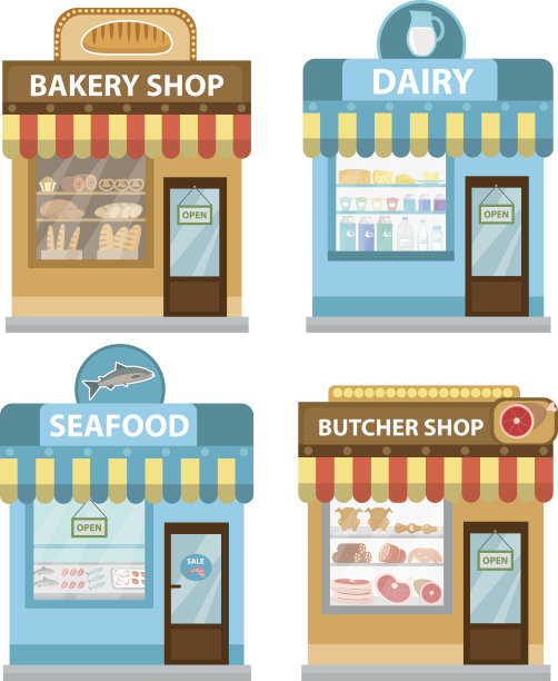 店面建筑套用，平铺风格。商店收集孤立的白色图片下载