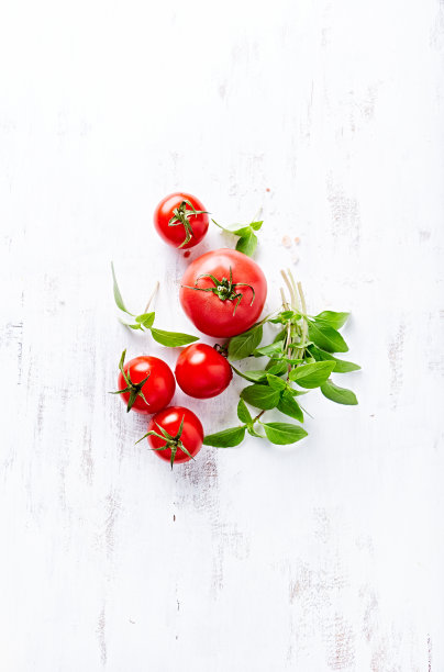 木质背景上的番茄和罗勒素材图片