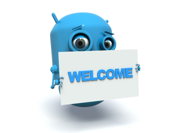 可爱的蓝色机器人拿着留言板。受欢迎的。图片下载