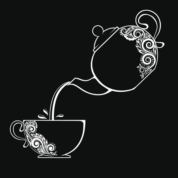 茶杯和茶壶的黑白轮廓。图片下载