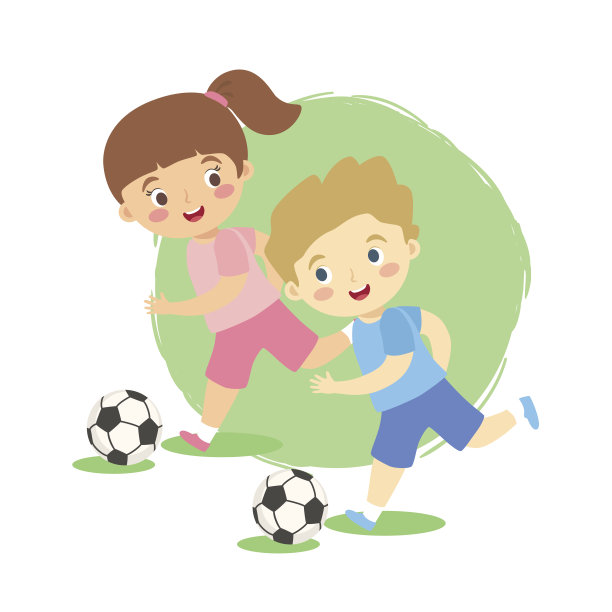 运球足球男孩和女孩矢量卡通图片下载