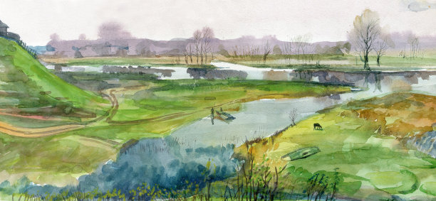 全景与河流水彩图片下载