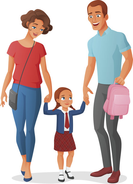 小女孩和父母一起上学。矢量插图。图片下载