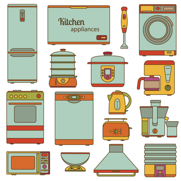 一组线条图标。厨房电器图标设置。矢量插图。图片下载