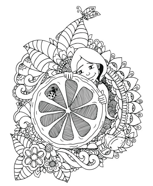 矢量插图，女孩拿着柠檬在花。涂鸦画图片下载