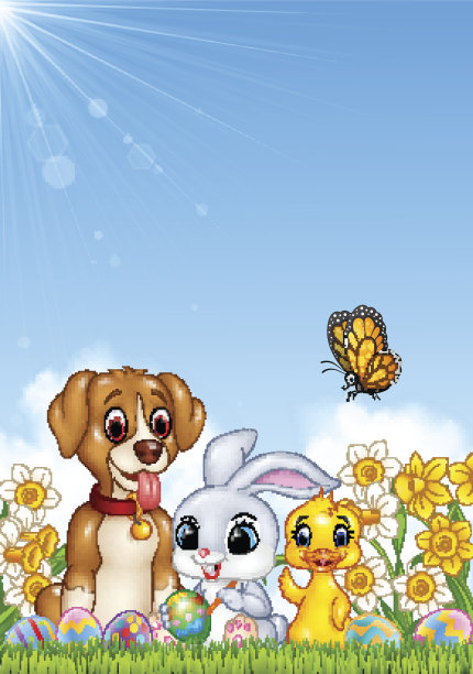 绿色的草地上有动物和复活节彩蛋图片下载