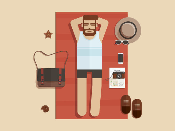 男人在沙滩上晒太阳，放松的时候，平面设计图片下载