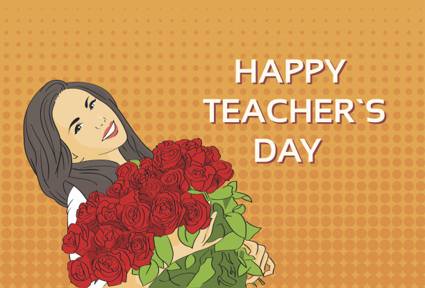 女人捧着玫瑰花捧着教师节节日贺卡素材图片