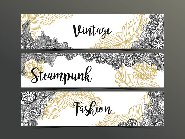 手绘蒸汽朋克科技元素与齿轮和羽毛图片下载