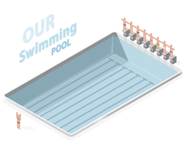 有游泳运动员的等距游泳池。运动员在跳板上准备游泳。图片下载