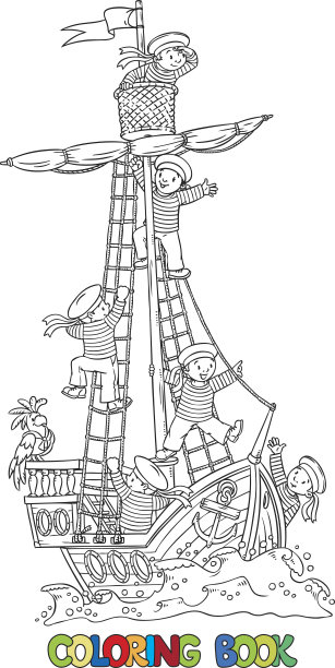 用船和快乐的水手涂色书图片下载