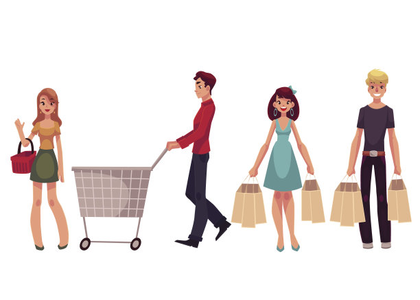 年轻男女拿着购物袋、购物车、篮子图片下载