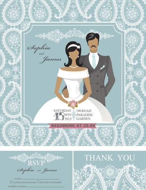 婚礼请柬。冬天佩斯利图案,新娘,新郎图片下载