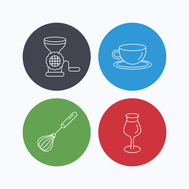 咖啡杯，搅拌器和葡萄酒杯图标。图片下载