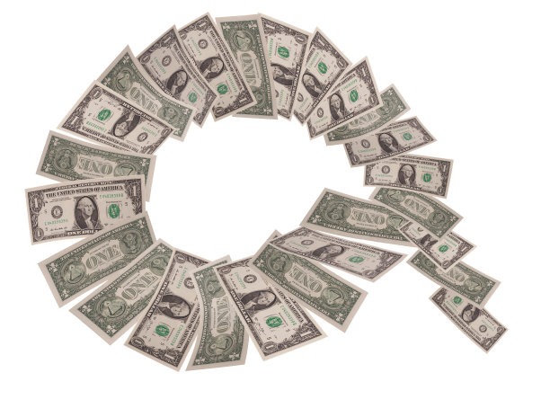 在白色背景上螺旋下降的美元图片下载