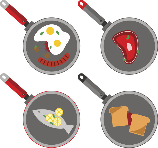 在平底锅里煎的菜。肉、鱼、烤面包和早餐。图片下载