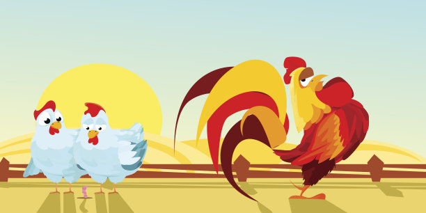 家禽的院子。农场。两只母鸡和一只公鸡。矢量图图片下载