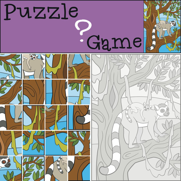 教育游戏:拼图。狐猴妈妈和她的孩子。图片下载