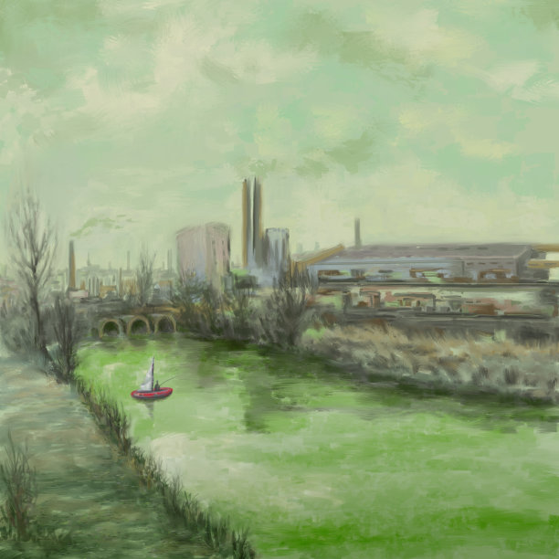 红色的船在绿色的河里图片下载