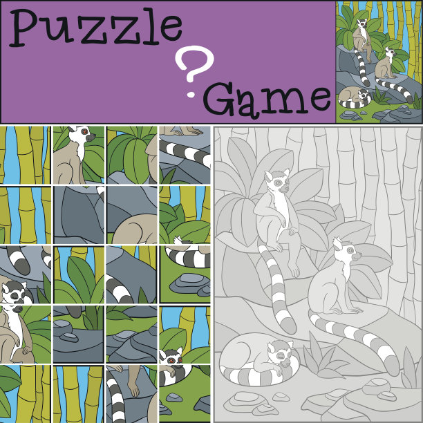 教育游戏:拼图。三只可爱的小狐猴。图片下载