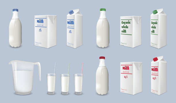 牛奶盒和牛奶瓶，一杯牛奶。包装和玻璃器皿图片下载