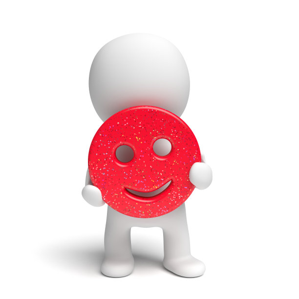 人类白色3d人抱着一个幸福微笑的红色笑脸与应用彩色闪光图片下载