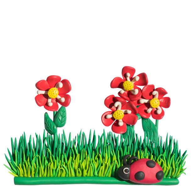 粘土油灰，橡皮泥手工草，花和瓢虫。图片下载