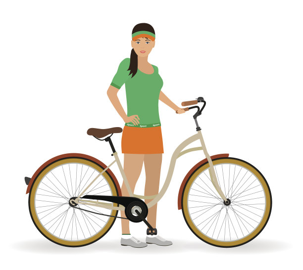 女运动员骑着自行车站在白色的背景上。体育人物。健康的生活方式的概念。图片下载