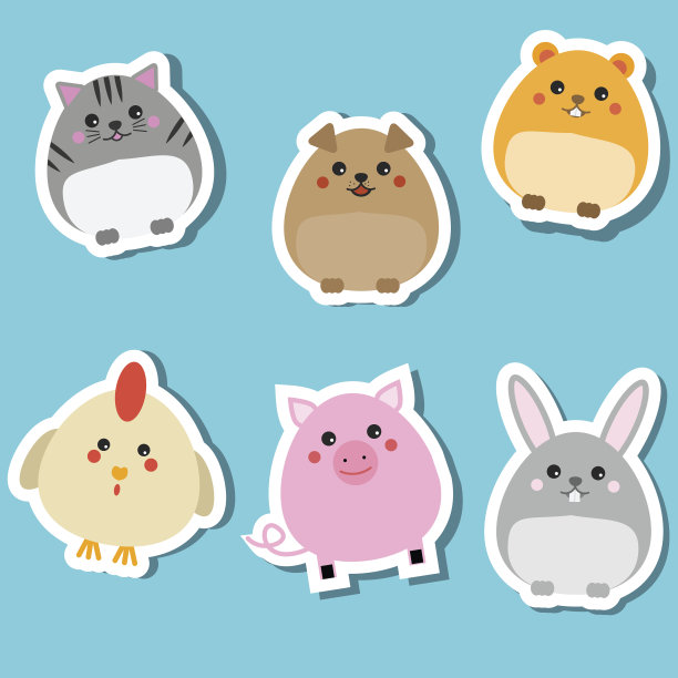 可爱的家养动物。贴纸。矢量插图。猫，兔子，小狗，猪，仓鼠图片下载