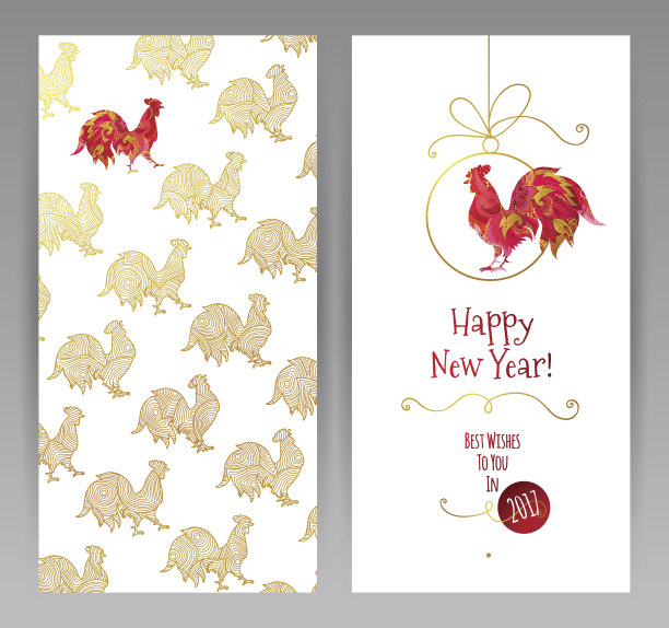 贺卡与红色公鸡象征2017年。图片下载