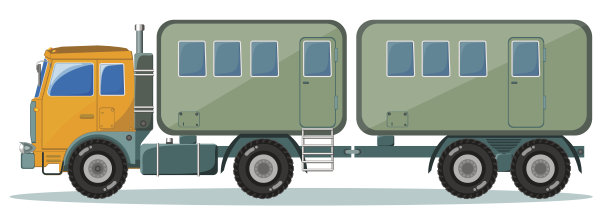 带拖车的卡车运送人员，矢量图片下载