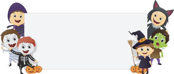 快乐的孩子穿着万圣节服装和一个空白的标志图片下载