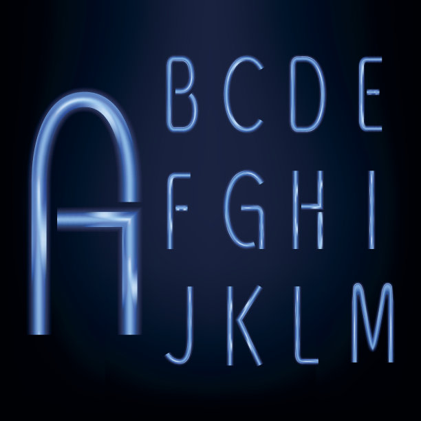 霓虹灯字母表。发光元素和颜色的游戏。原来的字体。图片下载