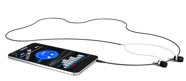 智能手机与耳机隔离在白色音乐播放的概念图片下载