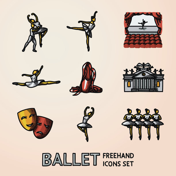 一套明亮的芭蕾舞徒手图标与舞者，天鹅图片下载
