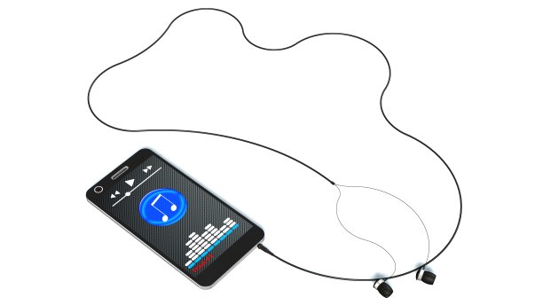 智能手机与耳机隔离在白色音乐播放的概念图片下载